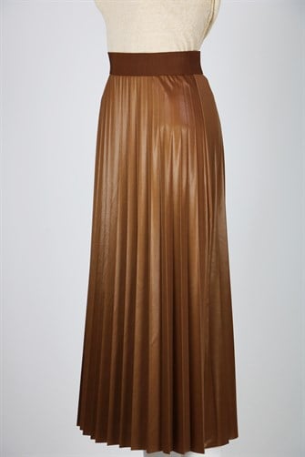 Beli Lastikli Pileli Deri Etek - Karamel