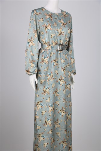 Çiçek Desenli Kemerli Saten Elbise - Su Yeşili