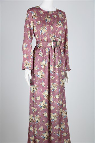 Çiçek Desenli Kemerli Saten Elbise - Gül Kurusu