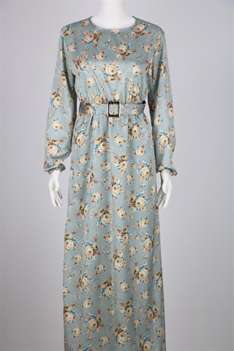 Çiçek Desenli Kemerli Saten Elbise - Su Yeşili