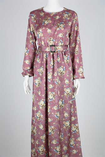 Çiçek Desenli Kemerli Saten Elbise - Gül Kurusu