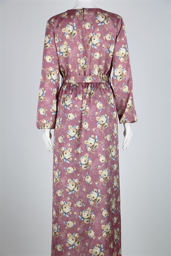 Çiçek Desenli Kemerli Saten Elbise - Gül Kurusu