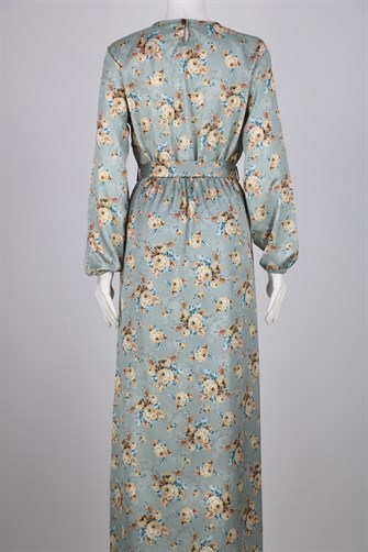 Çiçek Desenli Kemerli Saten Elbise - Su Yeşili