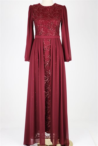 E262 Simli Payetli Krep Elbise - Bordo