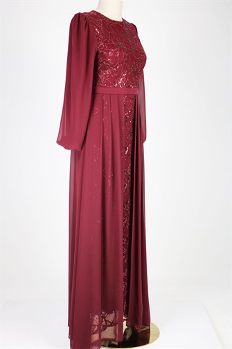 E262 Simli Payetli Krep Elbise - Bordo