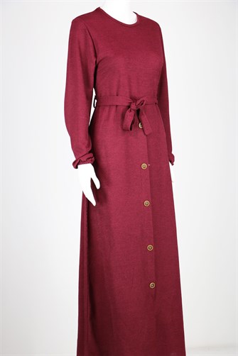 Eteği Düğmeli Triko Elbise - Bordo