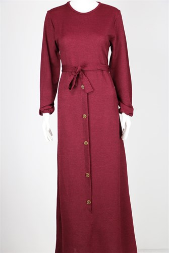 Eteği Düğmeli Triko Elbise - Bordo