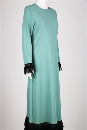 Eteği Ve Kolu Tütülü Elbise - Mint Yeşili