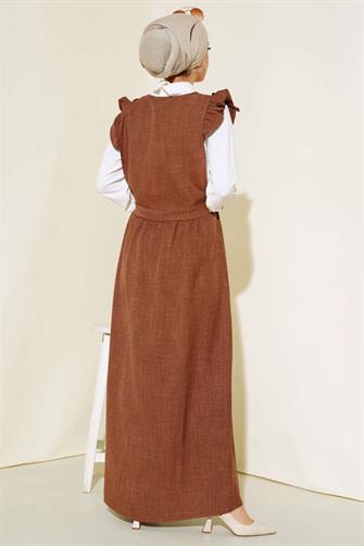 Fırfır ve Düğme Detaylı İkili Elbise - Tarçın