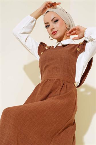 Fırfır ve Düğme Detaylı İkili Elbise - Tarçın
