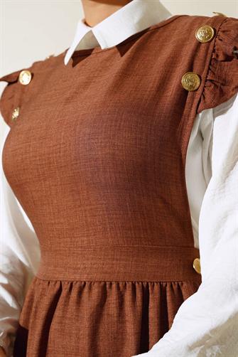 Fırfır ve Düğme Detaylı İkili Elbise - Tarçın