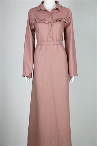 Göğsü Fırfırlı Uzun Elbise - Pudra