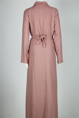 Göğsü Fırfırlı Uzun Elbise - Pudra