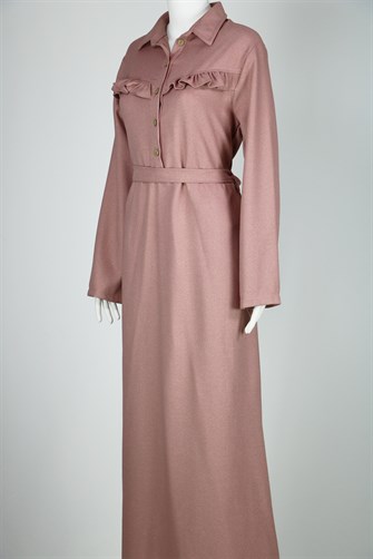 Göğsü Fırfırlı Uzun Elbise - Pudra