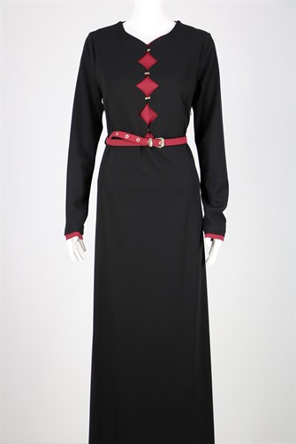 İki Renkli Metal Düğme Detaylı Elbise - Siyah