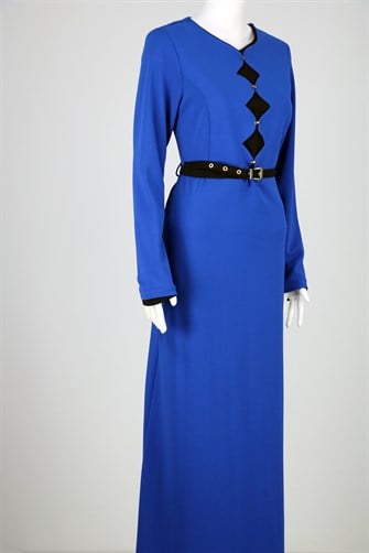 İki Renkli Metal Düğme Detaylı Elbise - Saks Mavi