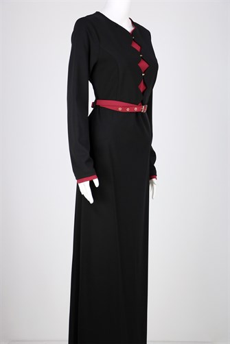 İki Renkli Metal Düğme Detaylı Elbise - Siyah