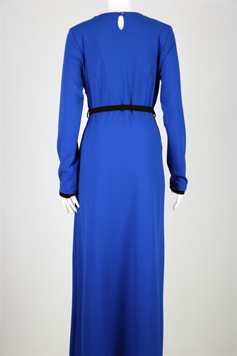 İki Renkli Metal Düğme Detaylı Elbise - Saks Mavi