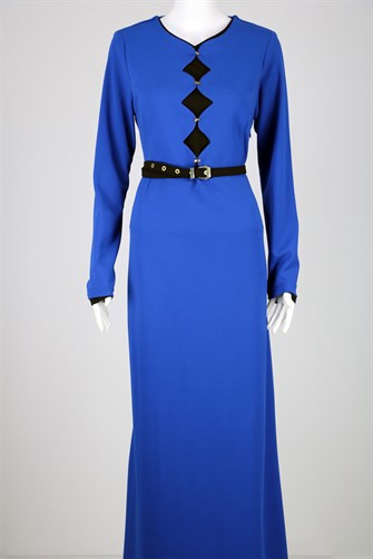 İki Renkli Metal Düğme Detaylı Elbise - Saks Mavi