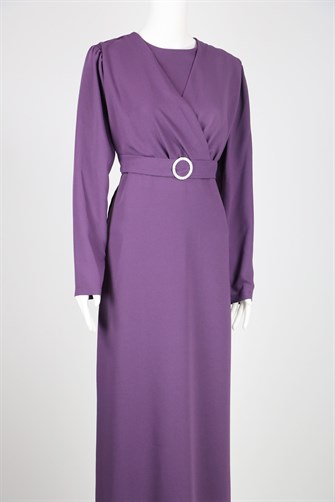 Kemeri Taşlı Tokalı Tesettür Elbise - Mürdüm