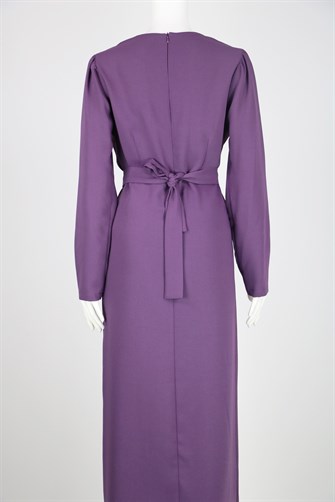 Kemeri Taşlı Tokalı Tesettür Elbise - Mürdüm