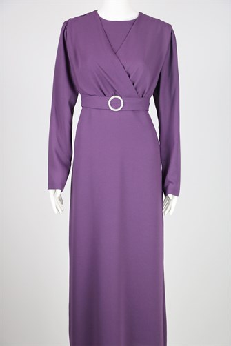 Kemeri Taşlı Tokalı Tesettür Elbise - Mürdüm