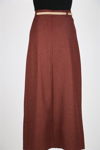 Kemerli Önü Düğmeli Mevsimlik Kumaş Kalem Etek - Kiremit