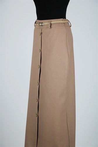 Kemerli Önü Düğmeli Mevsimlik Kumaş Kalem Etek - Bej