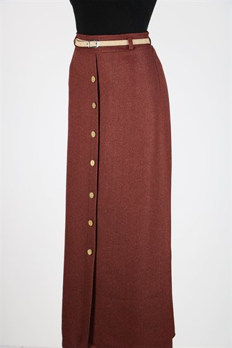 Kemerli Önü Düğmeli Mevsimlik Kumaş Kalem Etek - Kiremit