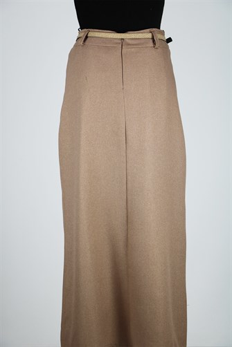 Kemerli Önü Düğmeli Mevsimlik Kumaş Kalem Etek - Bej