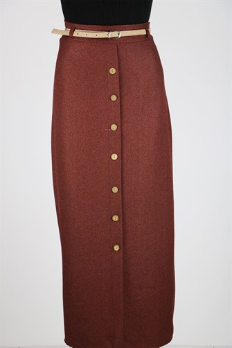 Kemerli Önü Düğmeli Mevsimlik Kumaş Kalem Etek - Kiremit