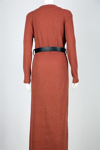 Kemerli Triko Elbise - Kiremit