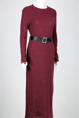 Kemerli Triko Elbise - Bordo