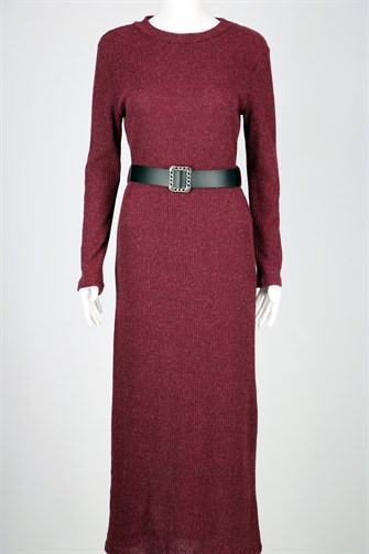 Kemerli Triko Elbise - Bordo