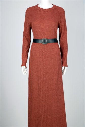 Kemerli Triko Elbise - Kiremit