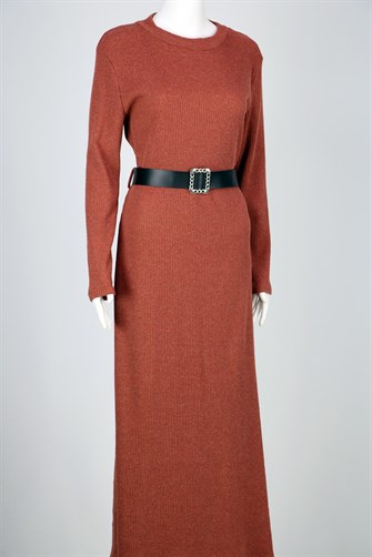 Kemerli Triko Elbise - Kiremit