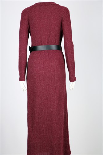 Kemerli Triko Elbise - Bordo