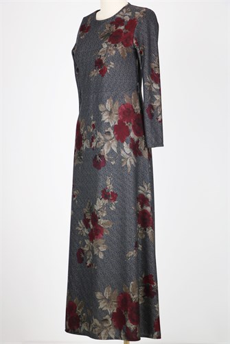 Kırmızı Çiçekli Uzun Elbise - Gri