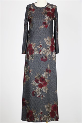 Kırmızı Çiçekli Uzun Elbise - Gri