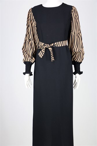 Kolları Camel Zebra Desenli Elbise - Siyah