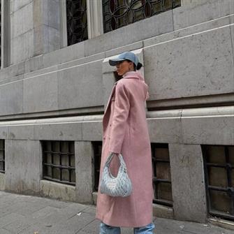 Kruvaze Yaka Kaşe Kaban - Pudra