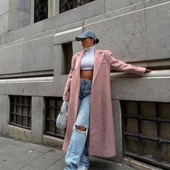 Kruvaze Yaka Kaşe Kaban - Pudra