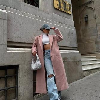 Kruvaze Yaka Kaşe Kaban - Pudra