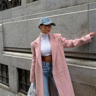 Kruvaze Yaka Kaşe Kaban - Pudra