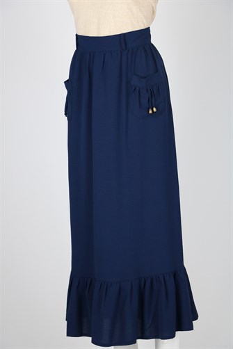 Önü Cep Detaylı Altı Fırfırlı Etek - Lacivert