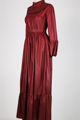 Suni Dri Eteği Fırfırlı Elbise - Bordo