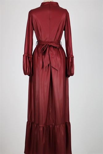 Suni Dri Eteği Fırfırlı Elbise - Bordo