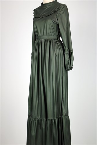 Suni Dri Eteği Fırfırlı Elbise - Yeşil