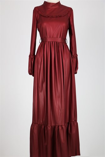 Suni Dri Eteği Fırfırlı Elbise - Bordo