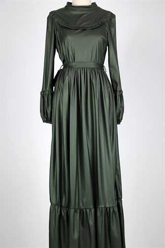 Suni Dri Eteği Fırfırlı Elbise - Yeşil